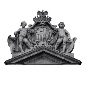 Carved element heraldic symbol png. The coat of arms relief with putti and crown on transparent background.