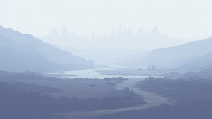 misty morning on the lake. Digital made background illustration. Generative AI