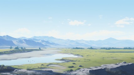 landscape with lake and mountains. Digital made background. Generative AI