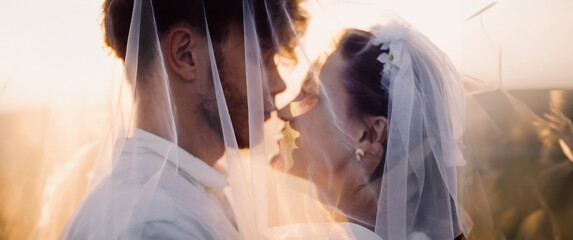 cinematic couple of newlyweds at sunset under a veil, the concept of love, fidelity and tenderness.