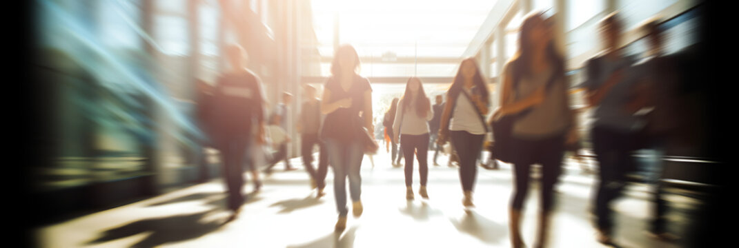 Blurred Students Walking In The Busy College, Motion Blur Time-lapse School People