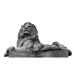 Figure relief stone lion on white background. Street scene, public park.