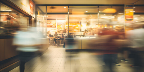 Blurred people walking in the busy fast food restaurant, motion blur time-lapse consumers