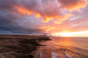 Aerial view of sunset in Fuerteventura coast in La Pared