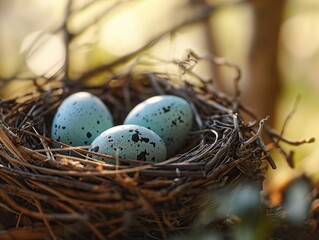 Easter eggs in a bird's nest, natural setting, symbol of new beginnings
