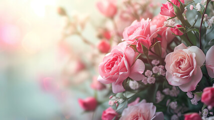 Pink roses background, many light pink flowers on a blurred background. - obrazy, fototapety, plakaty