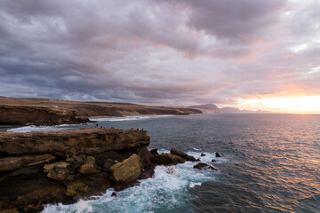 Aerial view of sunset in Fuerteventura coast in La Pared
