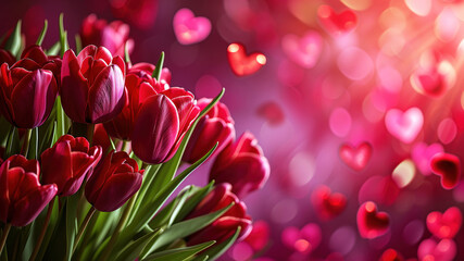 Red tulips flowers background with hearts on a blurred background as Valentine's day love background - obrazy, fototapety, plakaty