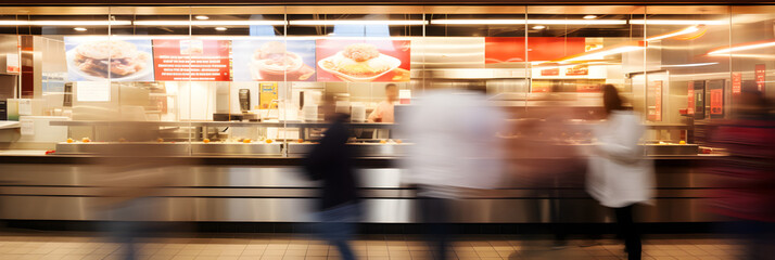 Blurred people walking in the busy fast food restaurant, motion blur time-lapse consumers