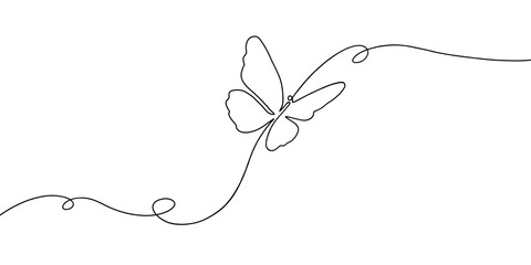 One continuous line drawing of flying butterfly with copy space. Simple linear thin line art. 