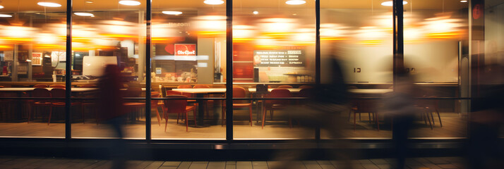 Blurred people walking in the busy fast food restaurant, motion blur time-lapse consumers - obrazy, fototapety, plakaty