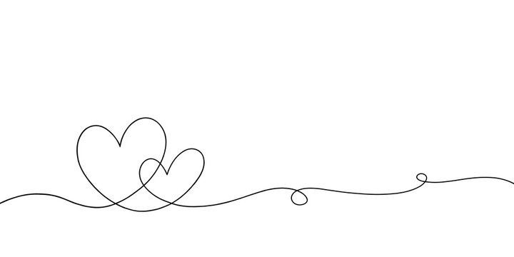Two hearts continuous one line drawing with copy space. Valentine&rsquo;s Day simple doodle sketch. Love symbols in linear styles. Black thin line arts.