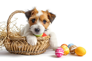 Happy Easter concept. Cute puppy dog and basket with Easter colorful eggs on white background.