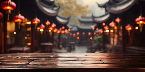 Empty Wooden Table with Blurred Ancient Chinese Town Background, Decorated with Hanging Lanterns