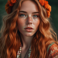 young red-haired girl in an outfit with ethnic elements, looking at the camera - obrazy, fototapety, plakaty