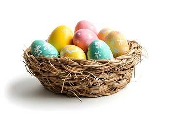 Naklejka premium Multi colors Easter eggs in basket isolated on white background.