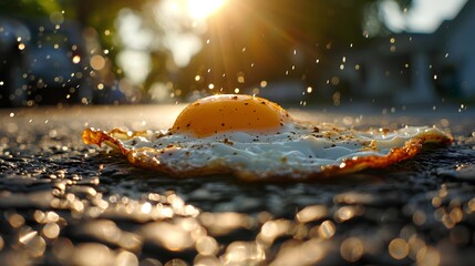 A single fried egg sizzles on the hot asphalt, symbolizing extreme heat waves and soaring temperatures in an urban city environment, illustrating climate change effects. - obrazy, fototapety, plakaty