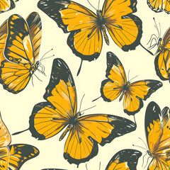 Yellow butterfly seamless pattern on background.