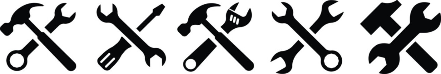 Tool repair and service icon in flat set. isolated on transparent background. Hammer Working Engineering tools icon. Instrument Construction wrench and screwdriver. vector for apps, web - obrazy, fototapety, plakaty