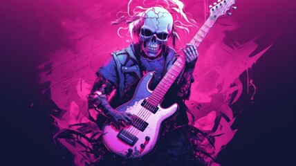 Obraz premium guitar player in action with a skull head in purple color.. Generative AI