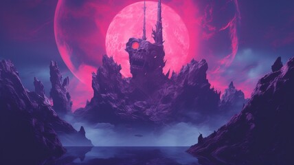halloween night scene with moon and castle in the middle, purple and red colors. Generative AI