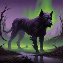 Obraz na płótnie Canvas Within a sinister bog, AI conjures an eerie image. A fierce black dog, eyes ablaze, prowls with purple flames. This supernatural creature embodies terror in the treacherous marshland