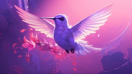 Obraz premium illustration of a flying bird in the sky. Beautiful 4K purple Background. Digital Illustration. Generative AI