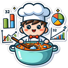 Un personaje alegre como chef, cocinando un "guiso de datos" con ingredientes como gráficos, diagramas y números.