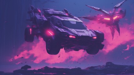 car in the night. Beautiful 4K purple Background. Digital Illustration. Generative AI