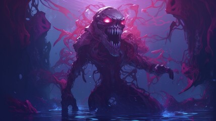 dragon in the water. Beautiful 4K purple background. Digital made landscape. Generative AI