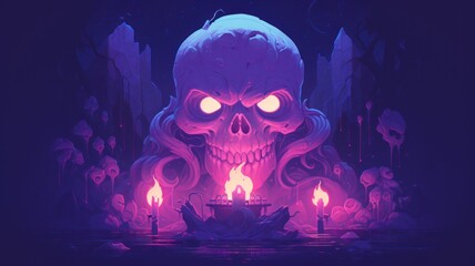 skull in the dark. Beautiful 4K purple background. Digital made landscape. Generative AI