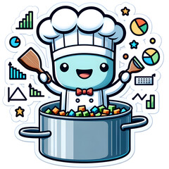Un personaje alegre como chef, cocinando un "guiso de datos" con ingredientes como gráficos, diagramas y números.