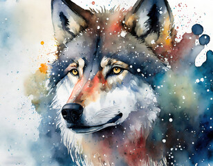 Closeup of wolf head in watercolor drawing style