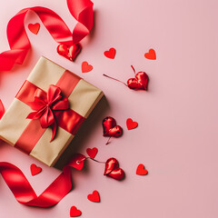 Love is in the air as a beautifully wrapped gift box adorned with a red ribbon and hearts awaits to be given on valentine's day or as a wedding favor, showcasing intricate carmine craft and symbolizi