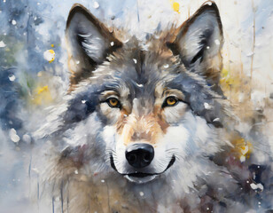 Closeup of wolf head in acrylic paint drawing style
