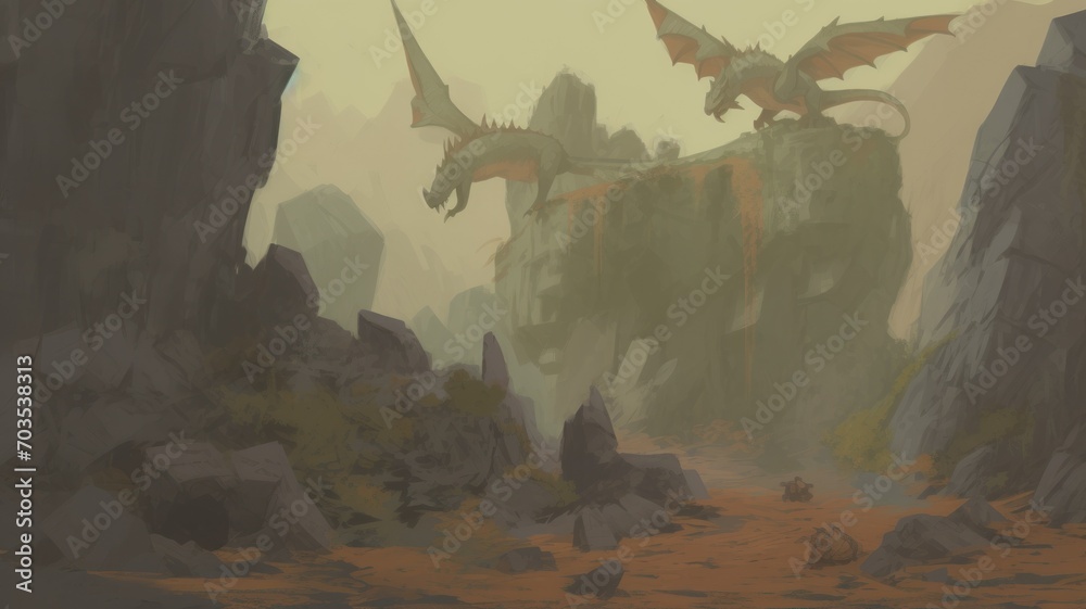 Wall mural the dragon in the mountains. Medieval illustration painting. Generative AI - Wall murals