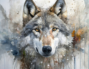 Closeup of wolf head in acrylic paint drawing style - obrazy, fototapety, plakaty