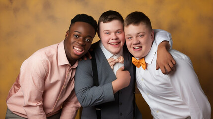 copy space, stockphoto, high quality photo, young man with down syndrome posing with other friends. Accepting people with disiblilties or mental disadvantaged people. Disability awareness theme.