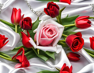 Computer screen image of fresh scattered red rose flowers on 3d silver hearts chain on shiny white velvet