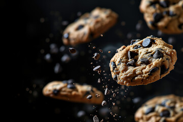 Fototapeta premium Chocolate Chip Cookies on black background. Generative AI