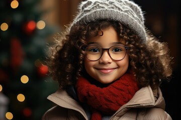 Winter portrait of a little girl with curly hair on a background of blurred lights