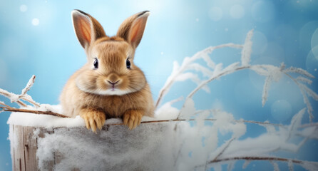 Easter cute bunny with winter scarf on pastel background