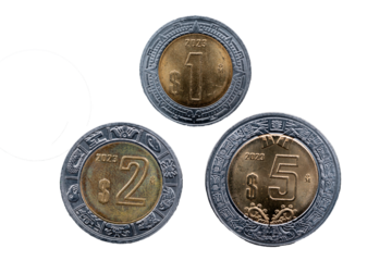 Monedas mexicanas de 1, 2 y 5 pesos del año 2023