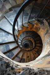 a spiral staircase with a stone railing