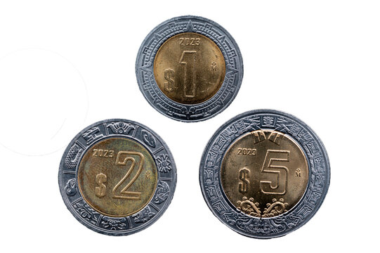 Monedas mexicanas de 1, 2 y 5 pesos del a&ntilde;o 2023