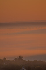 Sunrise landscape, colorful warm cold nature, world, river, hills and village