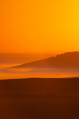Sunrise landscape, colorful warm cold nature, world, river, hills and village
