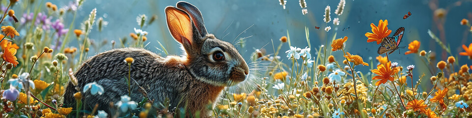 Naklejka na ściany i meble Kaninchen auf der Wiese mit blühenden Blumen. Ostern Hintergrund. 