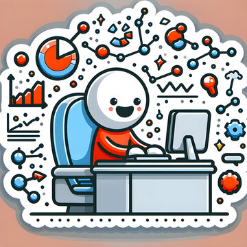 Un personaje alegre trabajando en una computadora, rodeado de puntos de datos y gráficos flotantes.