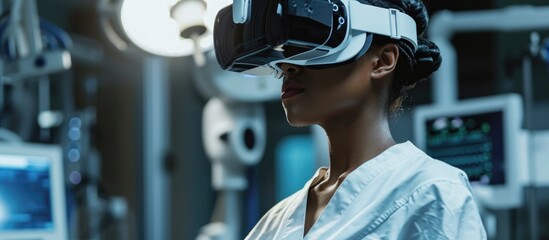Cutting-edge medical facility: African American woman neurosurgeon in virtual reality headset remotely operates patient via medical robot for advanced neurological care.